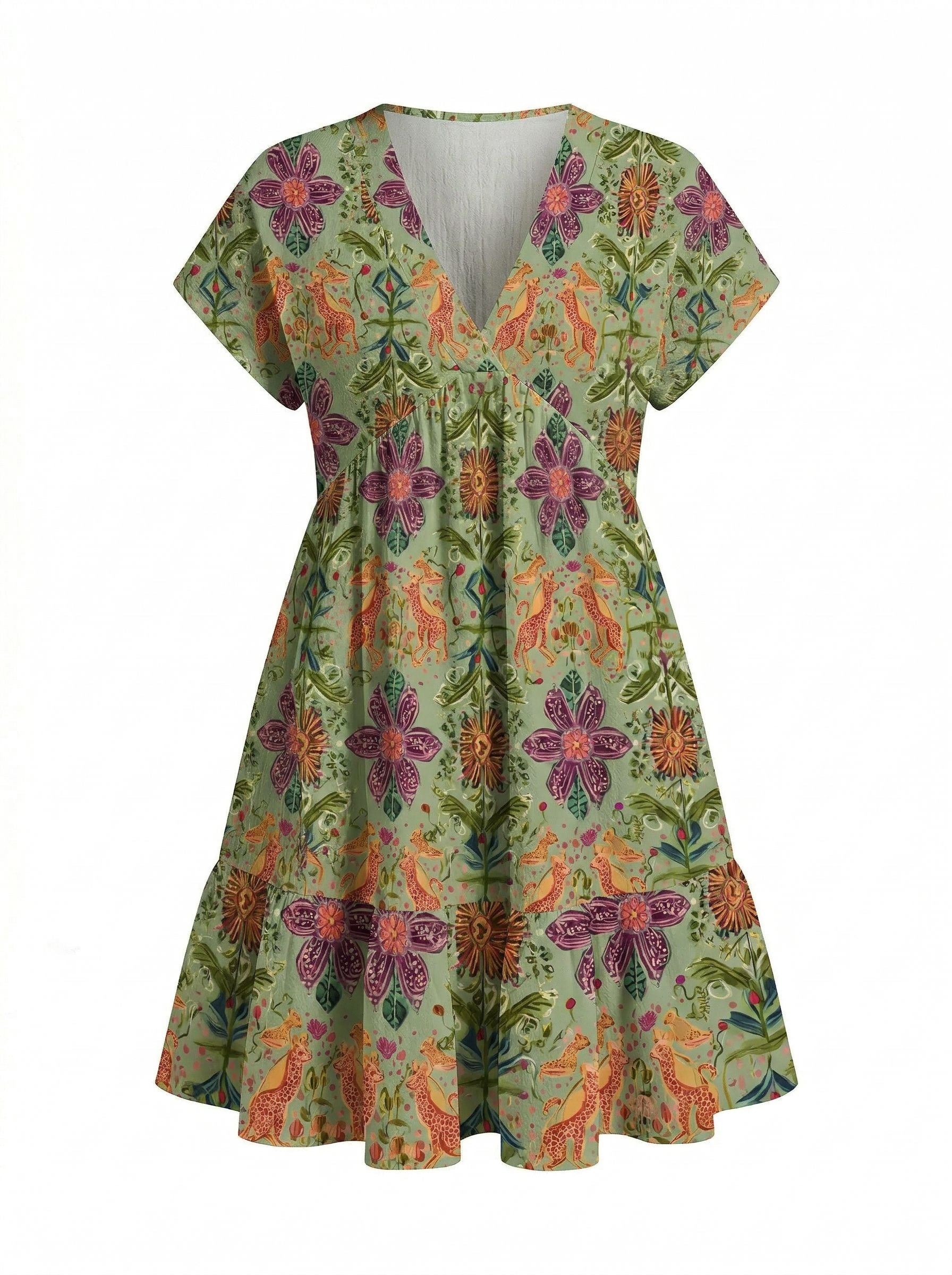 Floral Print V Neck Tiered Babydoll Mini Dress