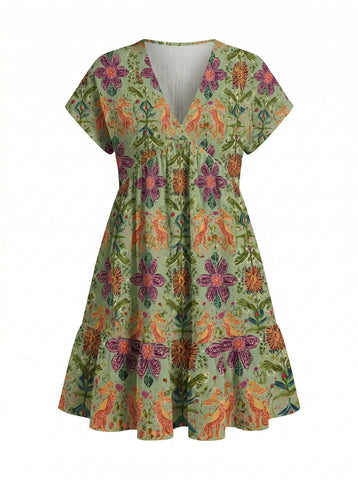 Floral Print V Neck Tiered Babydoll Mini Dress
