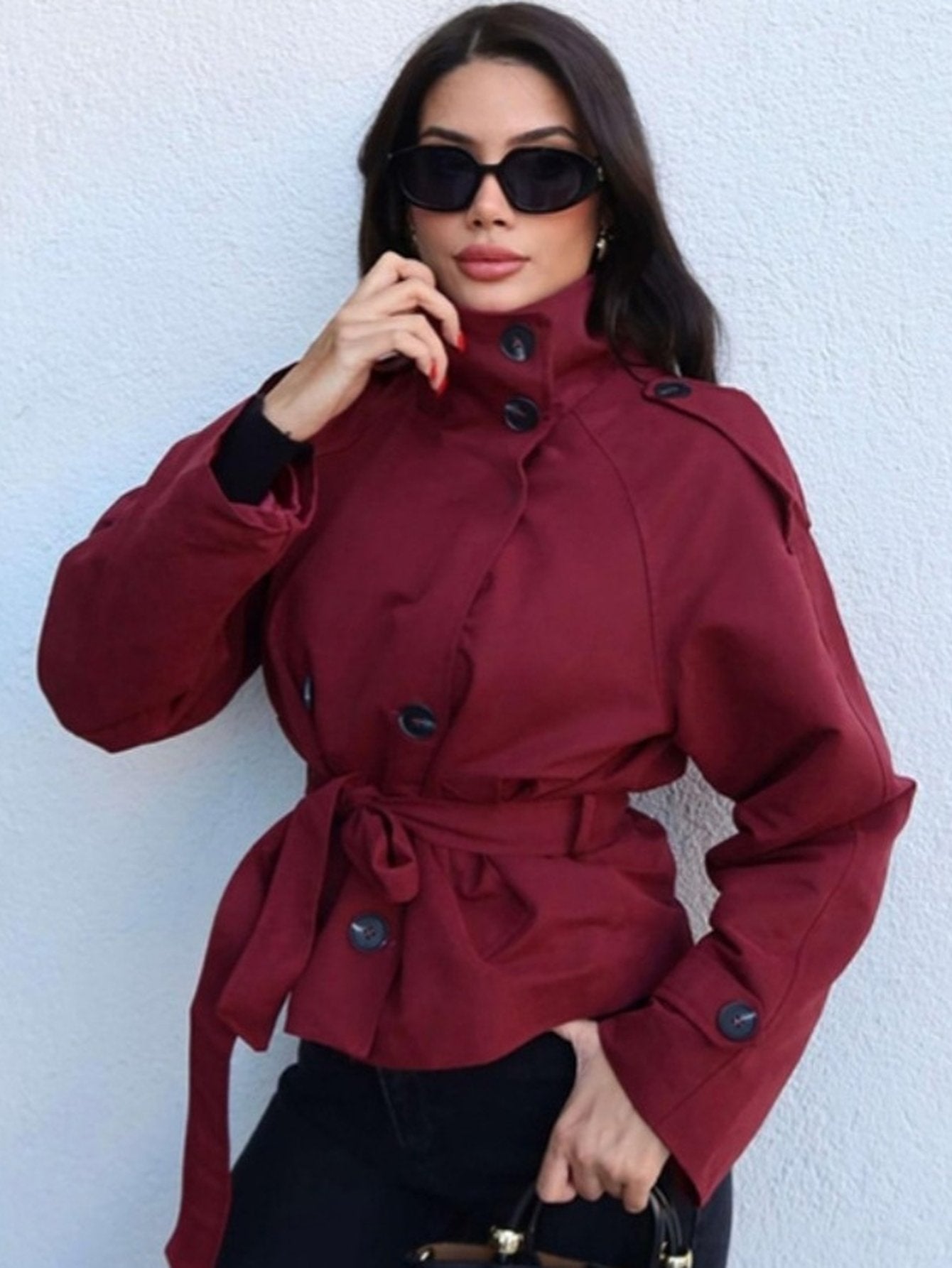 Cropped Belted Stand Collar Trench Coat