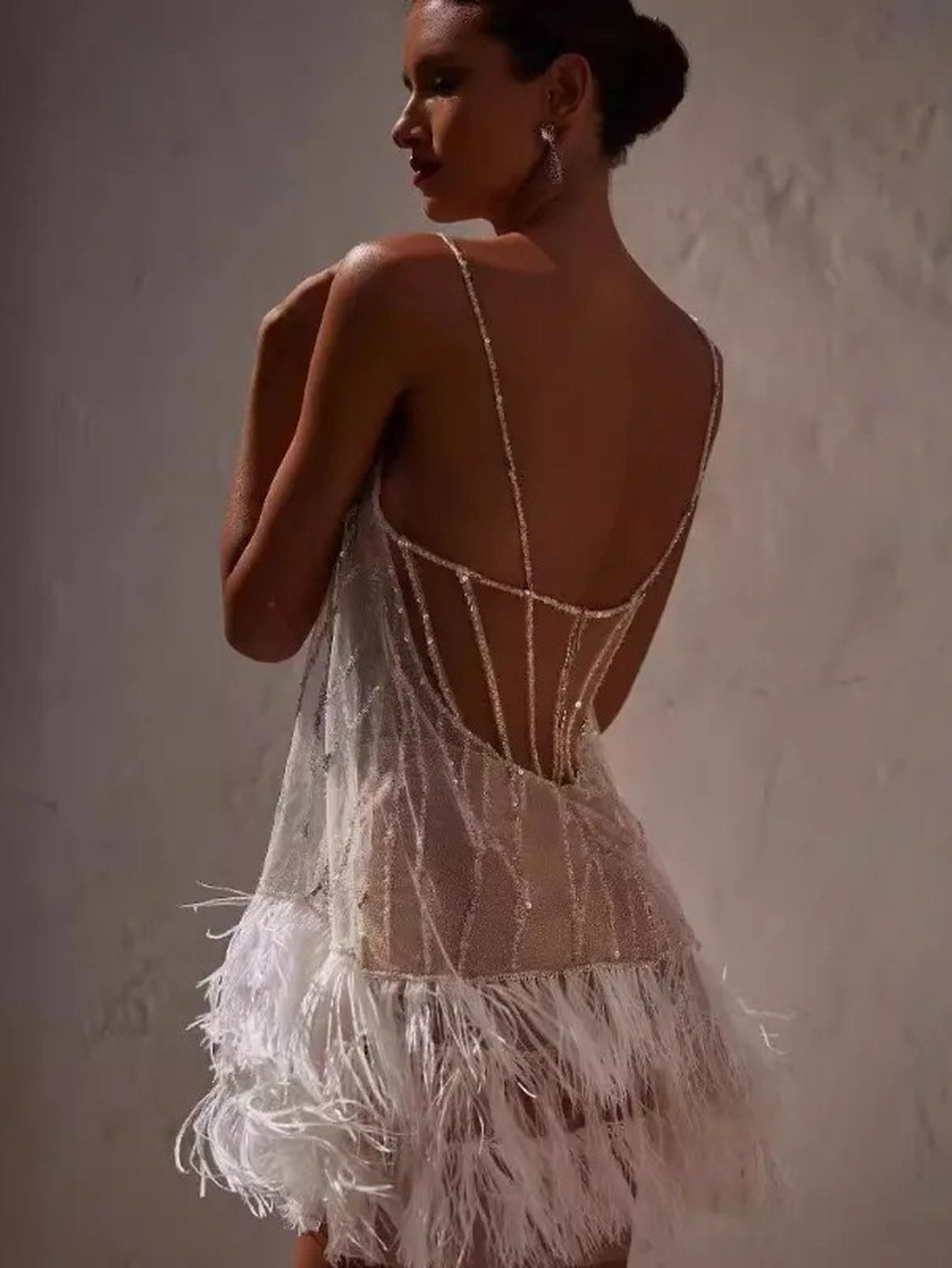 Embellished Feather Trim Mini Dress