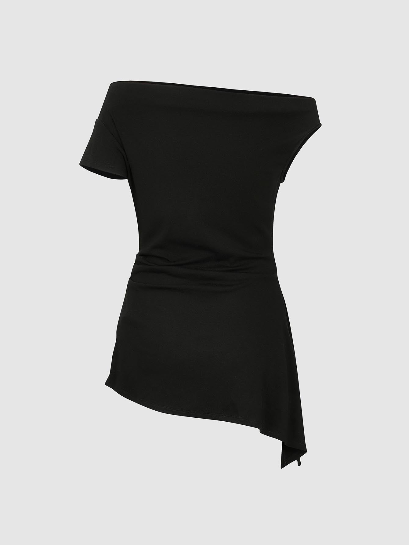 Urban Revivo Asymmetric V-Neck Ruched Shirts-Black