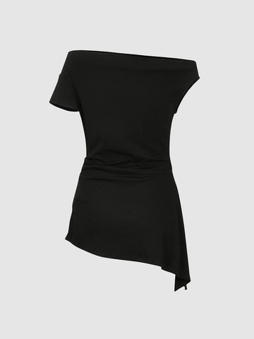 Urban Revivo Asymmetric V-Neck Ruched Shirts-Black