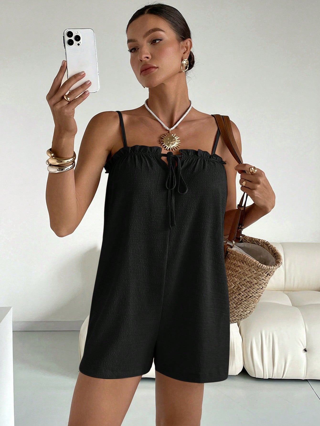 Spaghetti-Strap Ruffled Bodice Tie-Neck Vacation Romper-Black