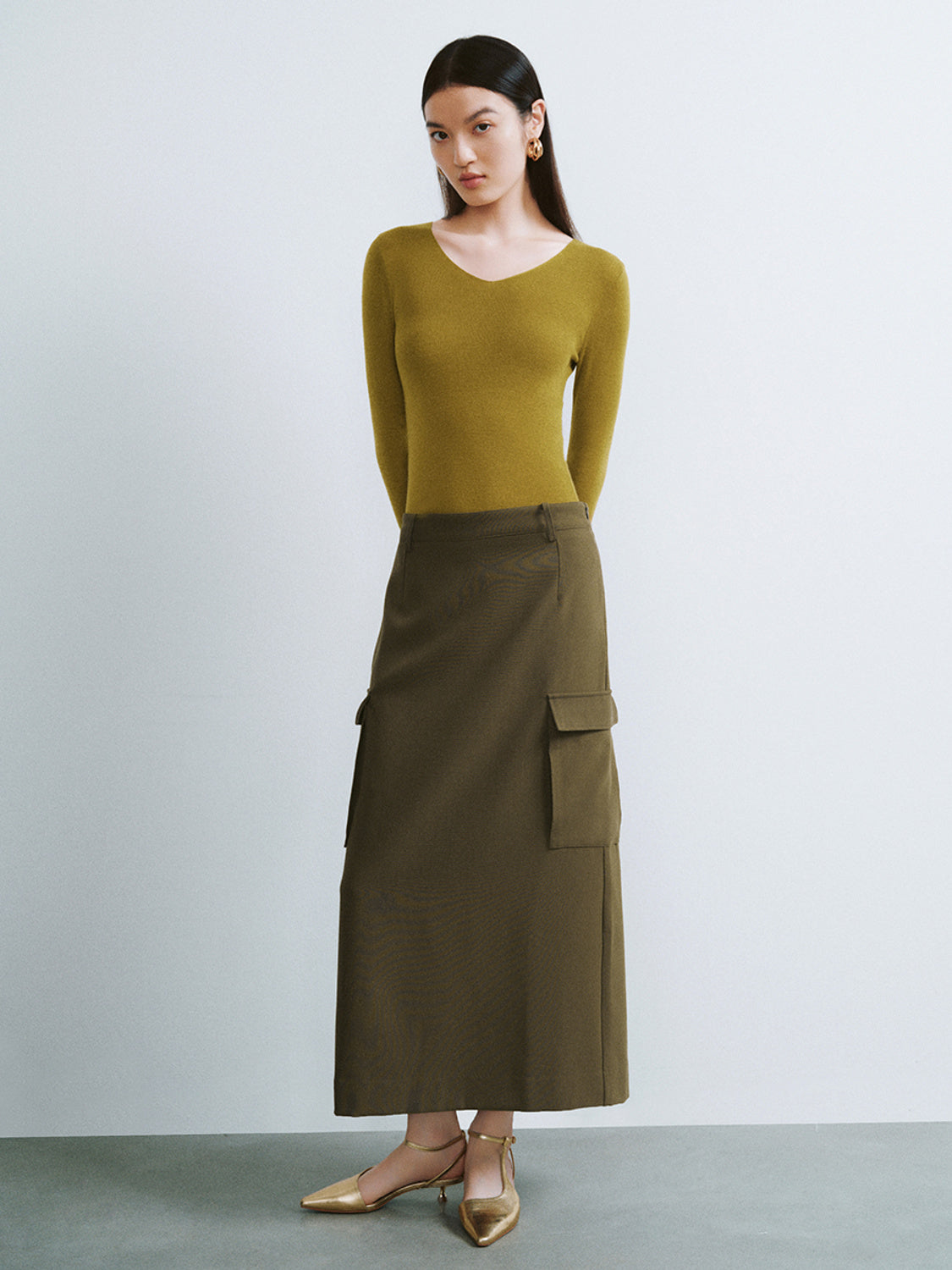 Urban Revivo Midi Straight Skirt-Coffee Brown