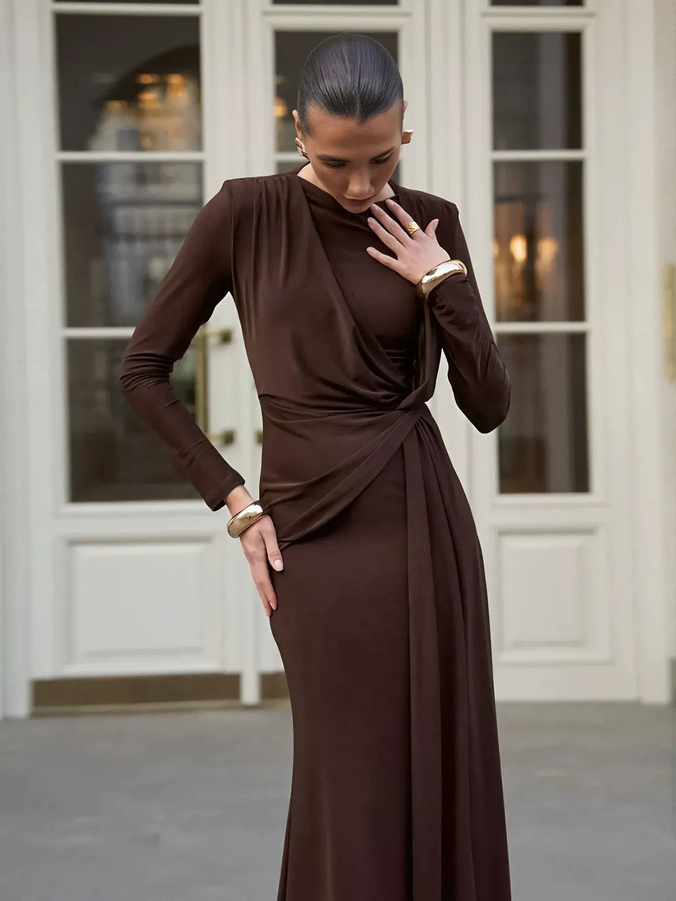 Elegant Draped Long Sleeve Maxi Dress