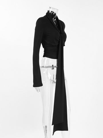 Plunging Neck Tie Front Long Sleeve Top
