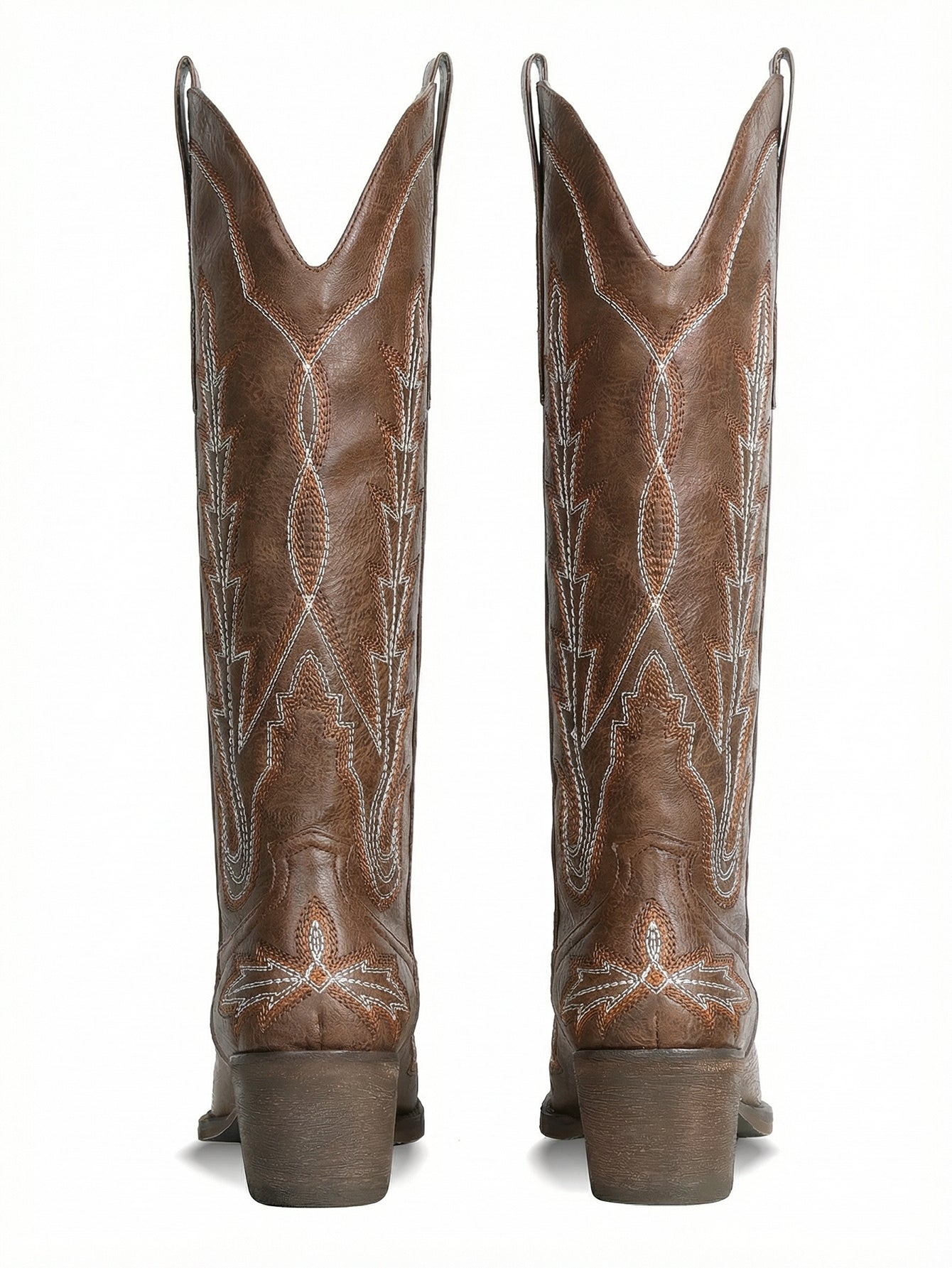 Stitched Pattern Pointed-Toe Low-Heel Classic Cowboy Boots-Brown