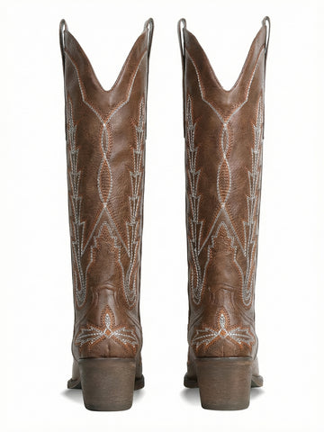 Stitched Pattern Pointed-Toe Low-Heel Classic Cowboy Boots-Brown