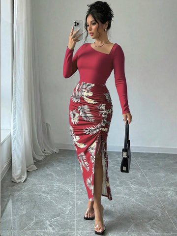 Asymmetric Ruched Slit Tropical Midi Dress