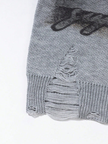 Distressed Graphic Print Oversized Sweater