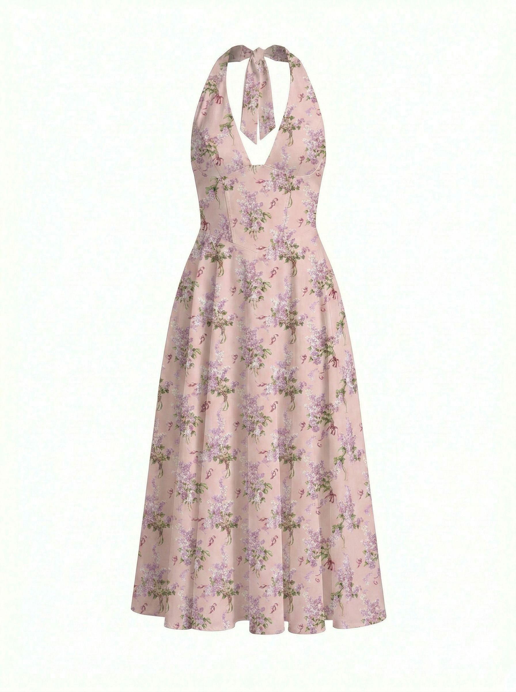 Floral Print Halter Neck Tie Back Midi Dress