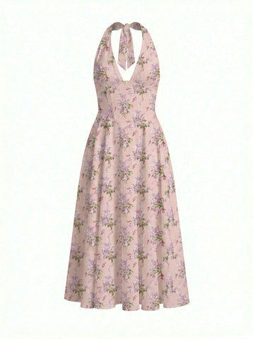 Floral Print Halter Neck Tie Back Midi Dress