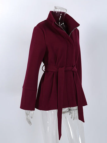 Stand Collar Belted Wool Coat