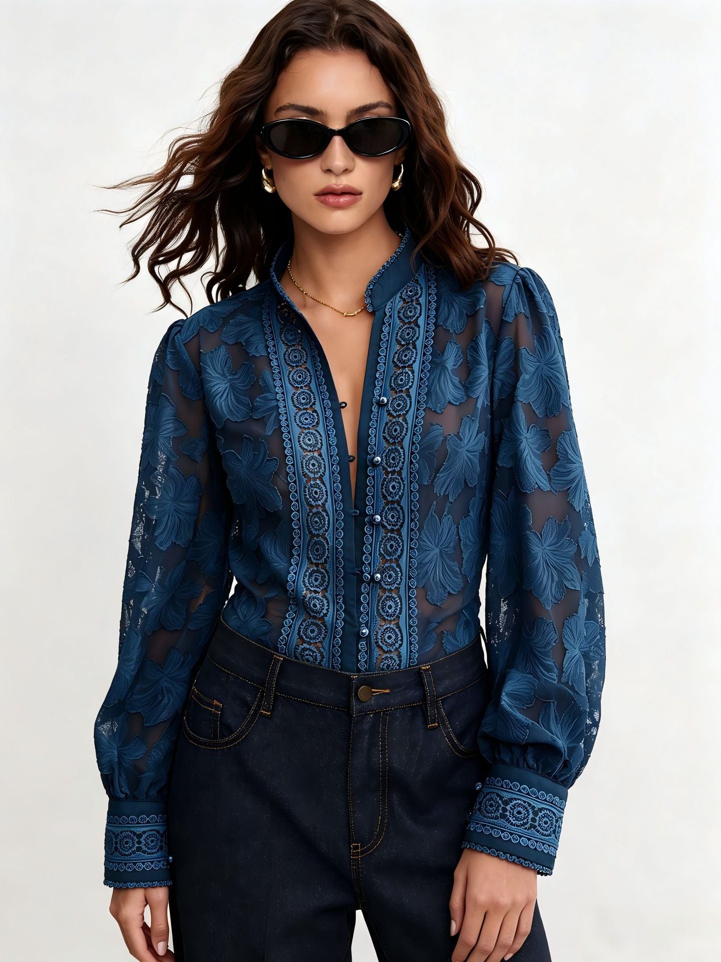 Sheer Floral Embroidered Button Down Shirt