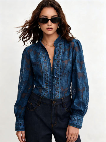 Sheer Floral Embroidered Button Down Shirt
