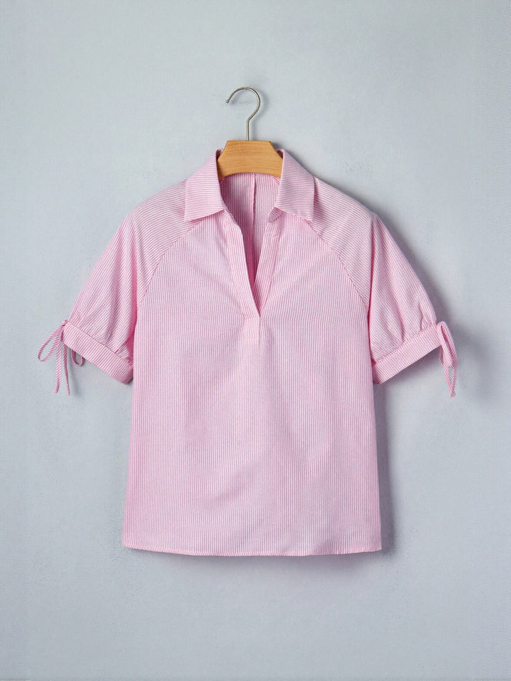Striped V Neck Tie Sleeve Blouse