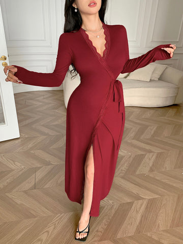 Lace Trim Wrap Maxi Dress