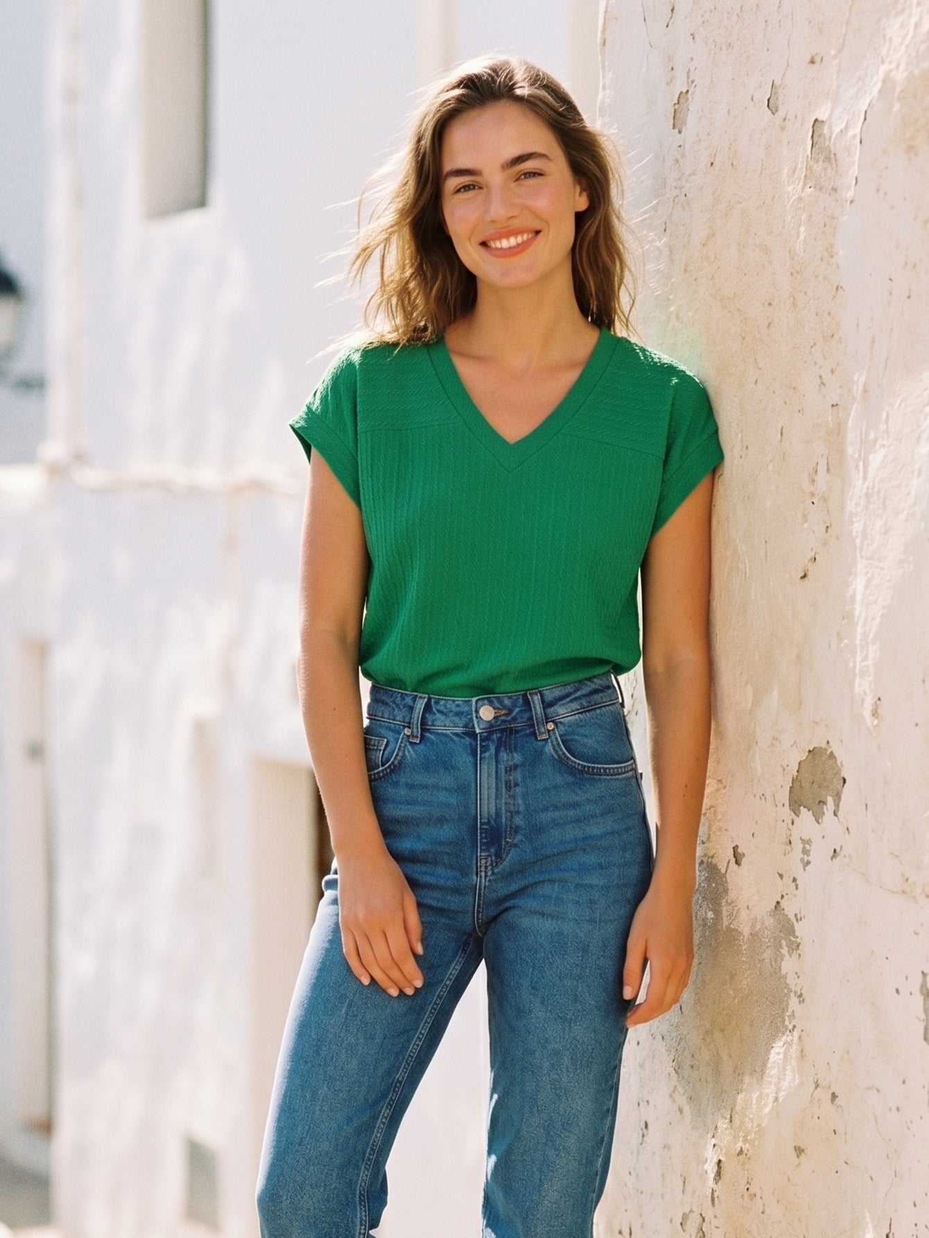 Textured V Neck Cap Sleeve T-Shirt