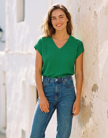 Textured V Neck Cap Sleeve T-Shirt