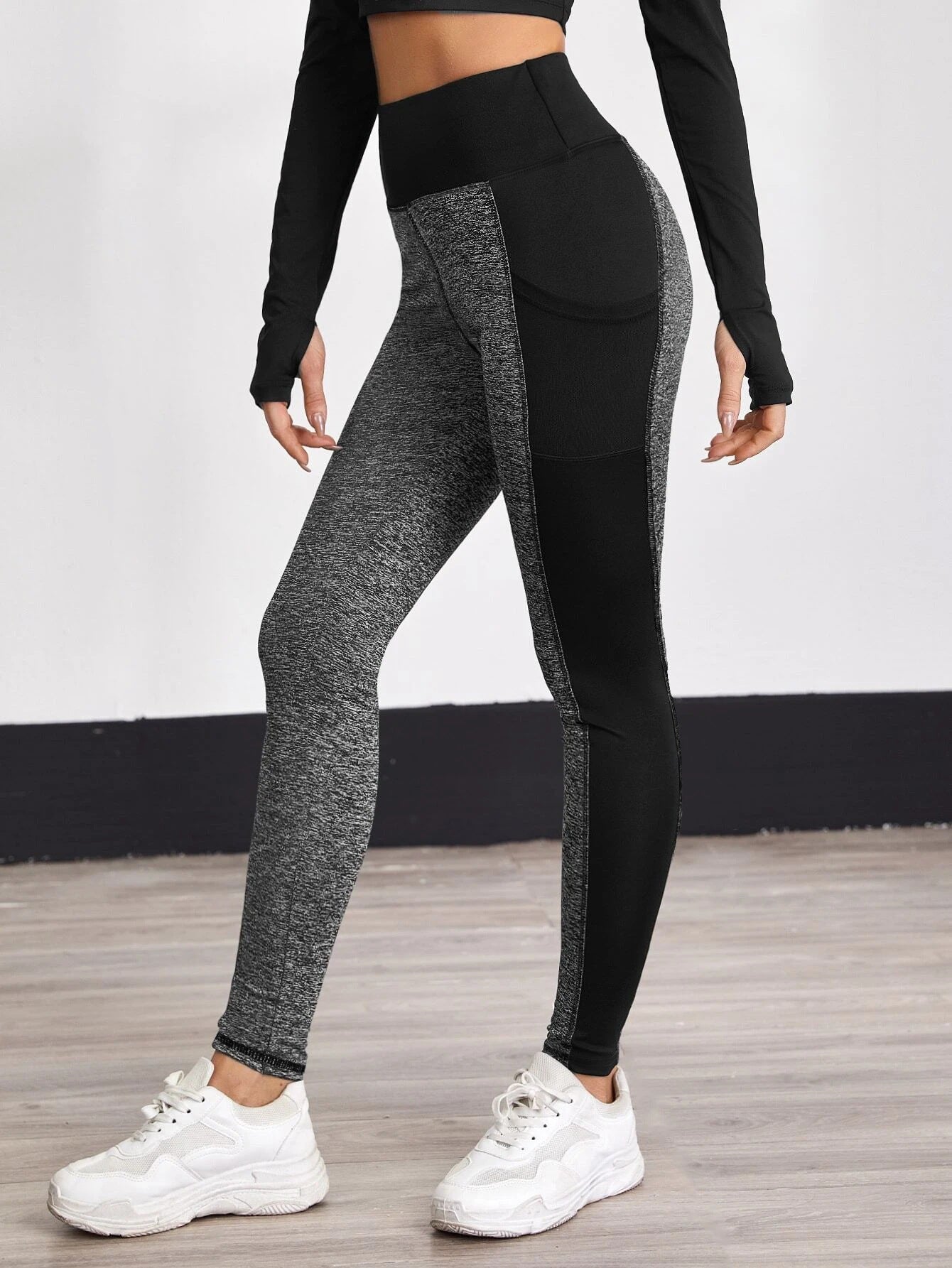 High-Waisted Colorblock Pocket Fitness Yoga Leggings-Black