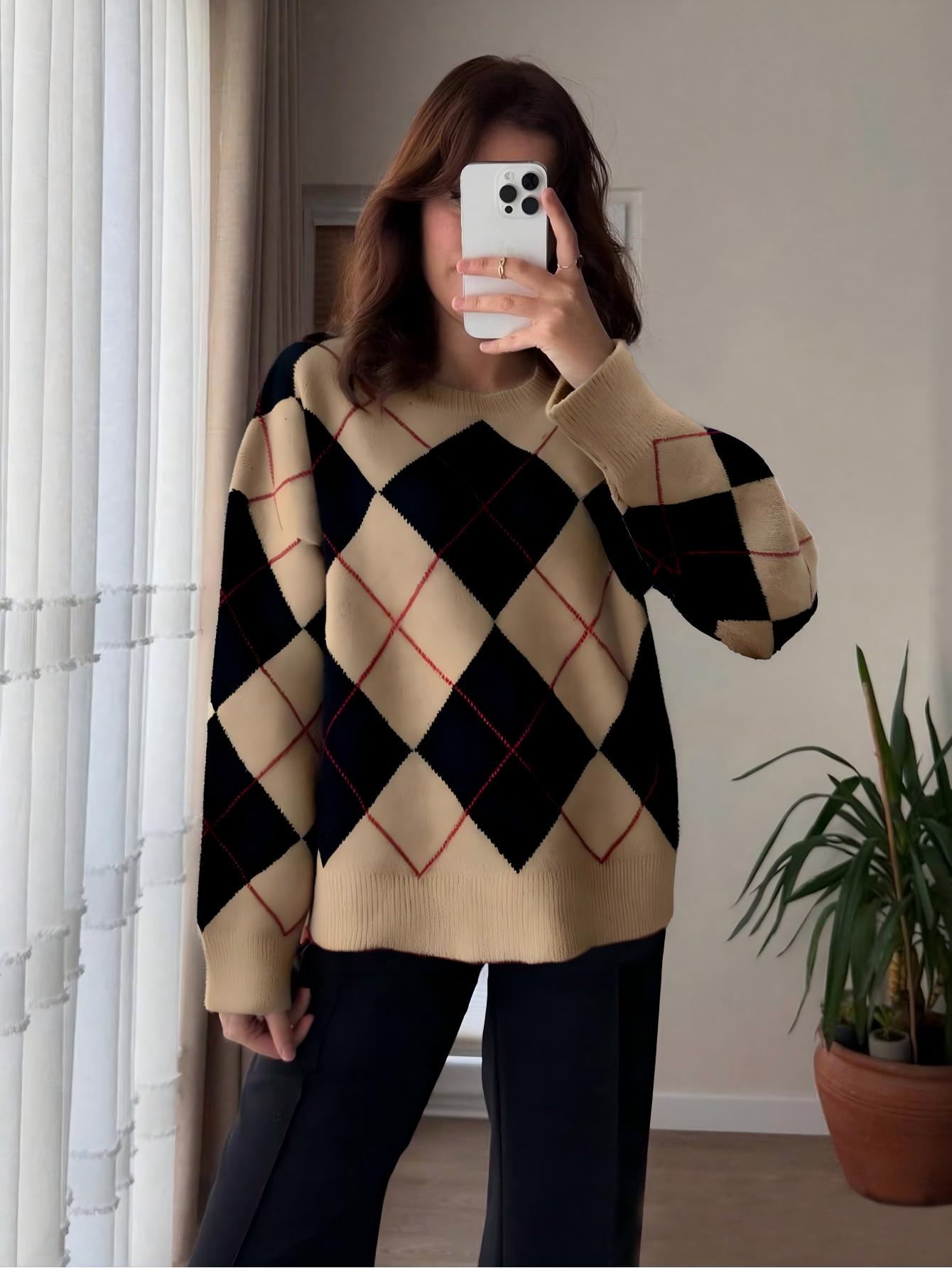 Oversized Argyle Pattern Crewneck Sweater