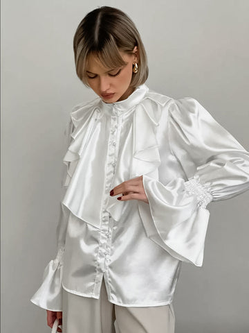 Ruffled Satin Button Down Blouse