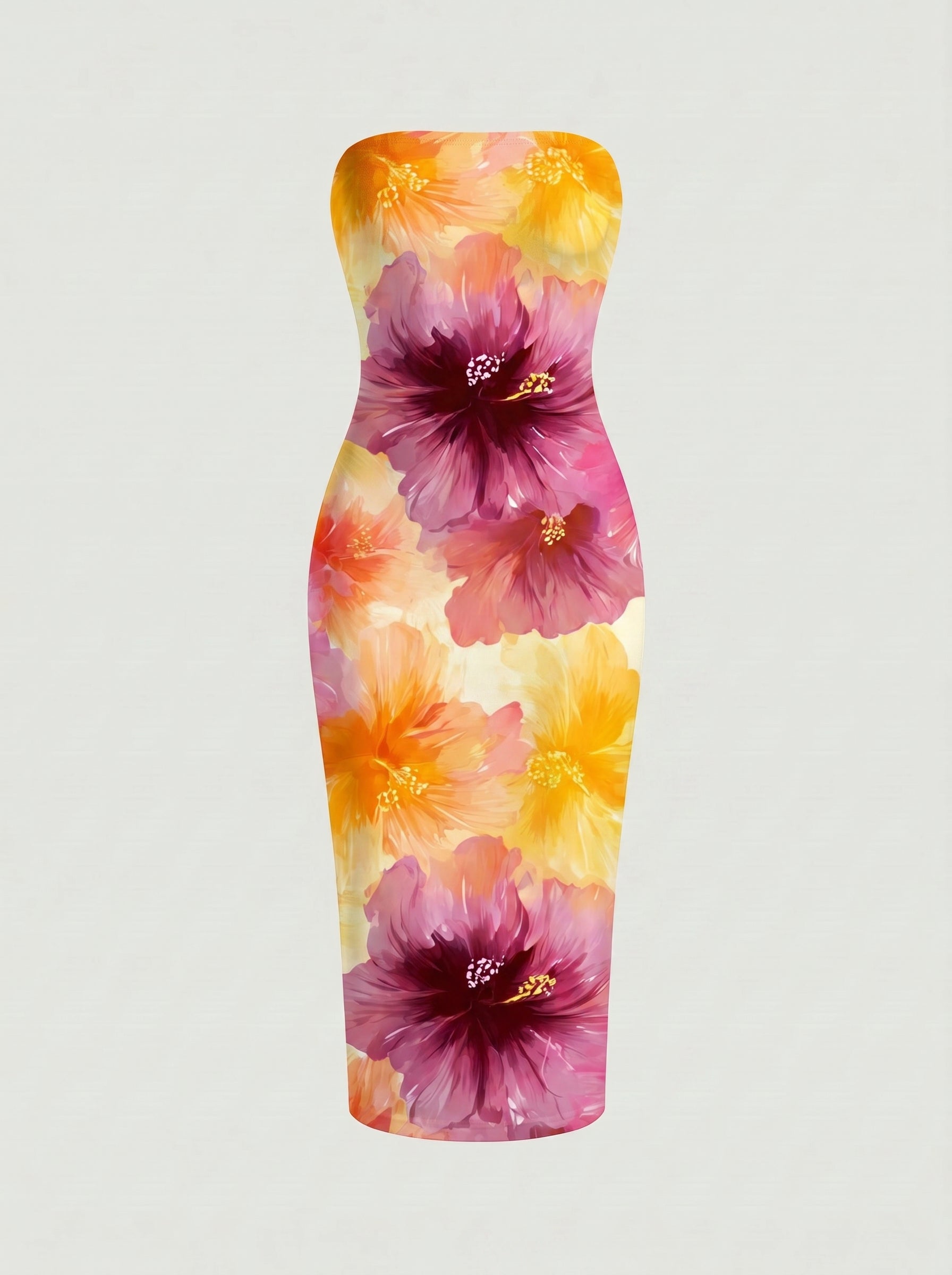 MAIA Floral Print Strapless Sheath Midi Dress