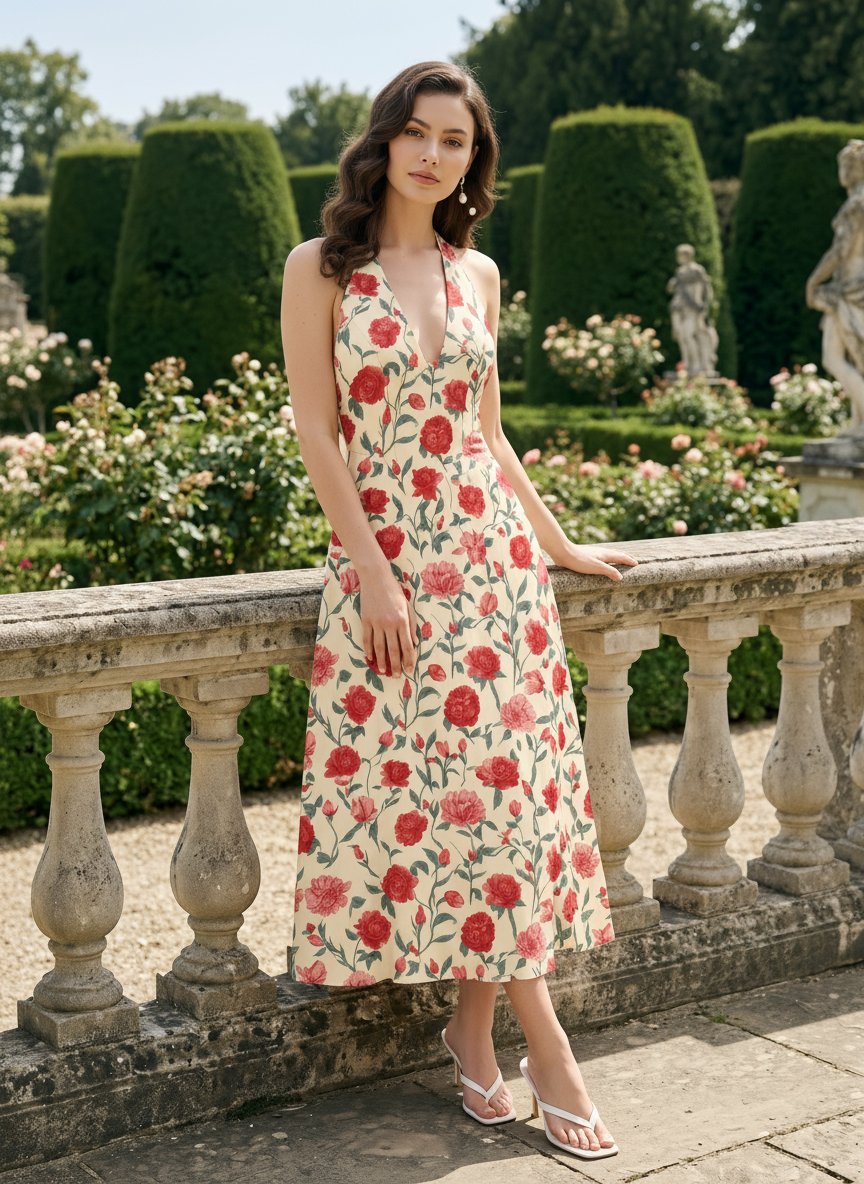 Floral Print Halter Neck Tie Back Midi Dress