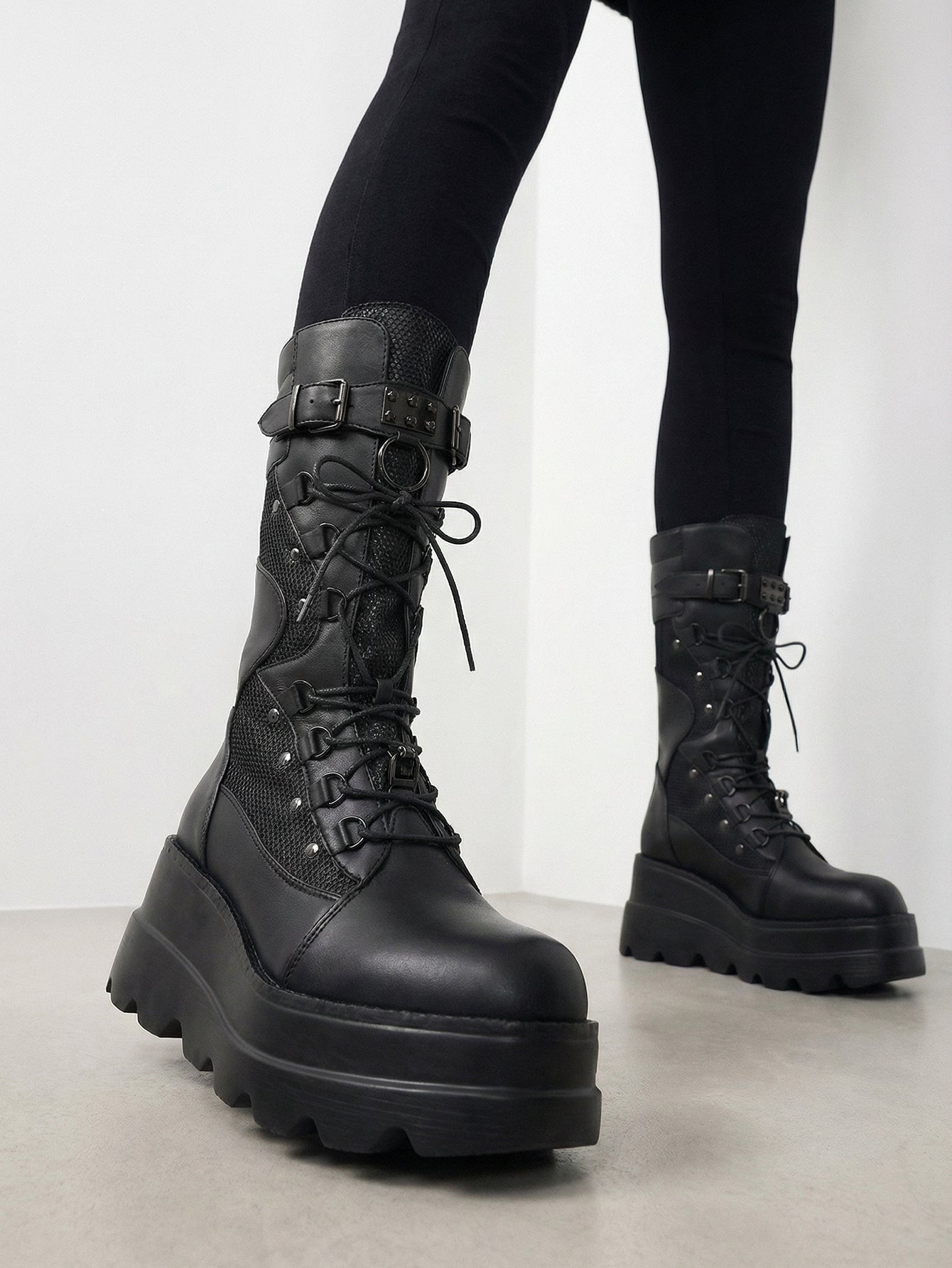 Lace-Up Platform Stud-Detailed Edgy Combat Boots-Black