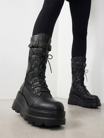 Lace-Up Platform Stud-Detailed Edgy Combat Boots-Black
