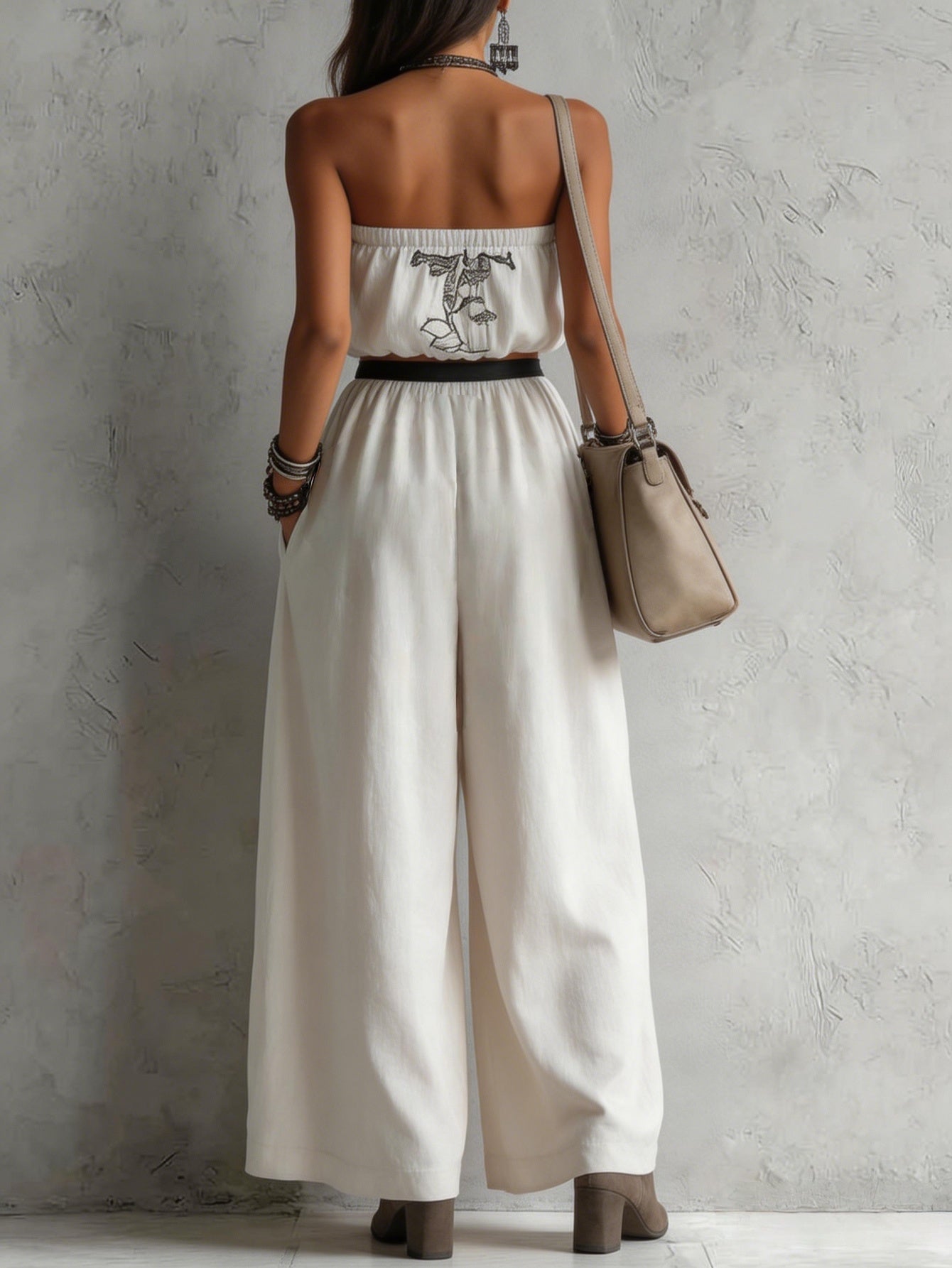 Embroidered Strapless Boho Pants Set