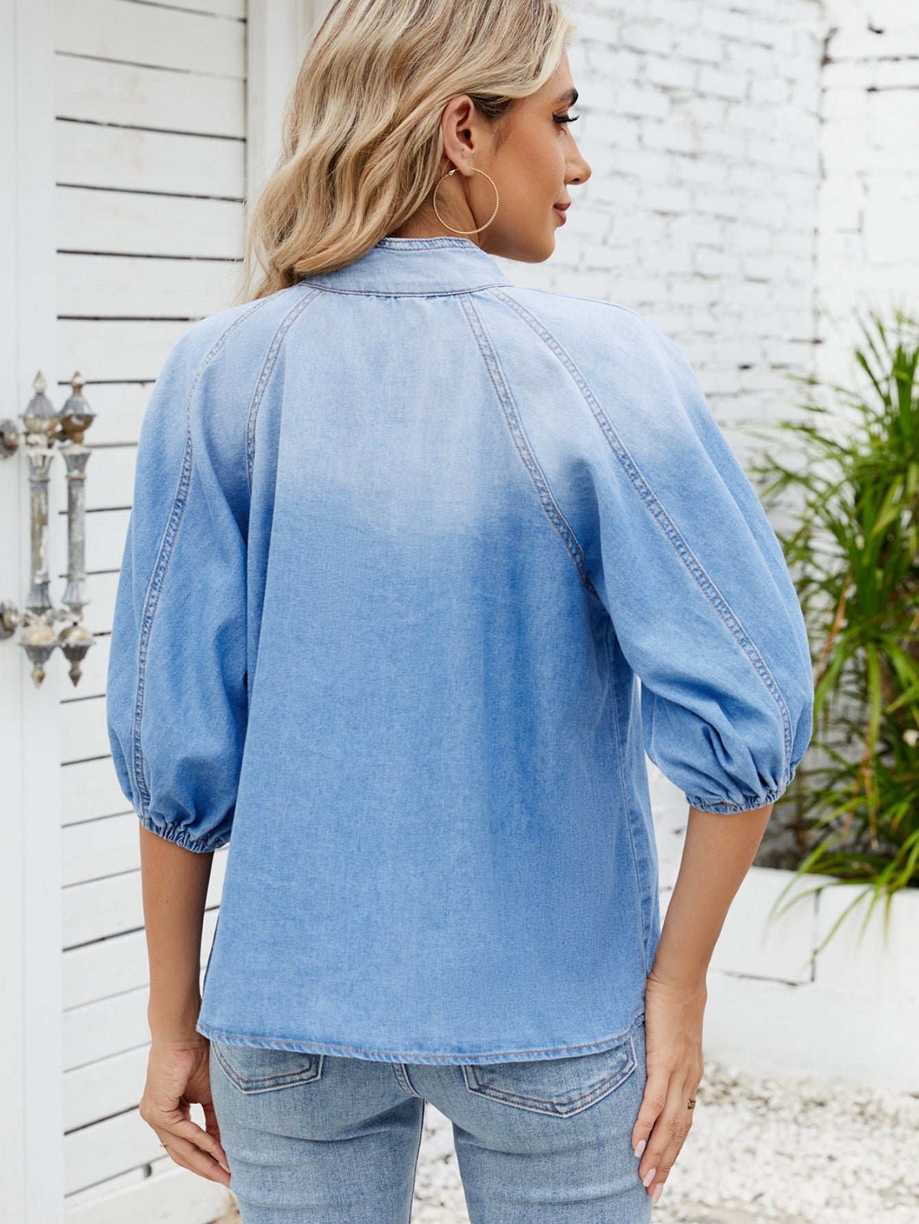 Bow Detail Puff Sleeve Denim Blouse