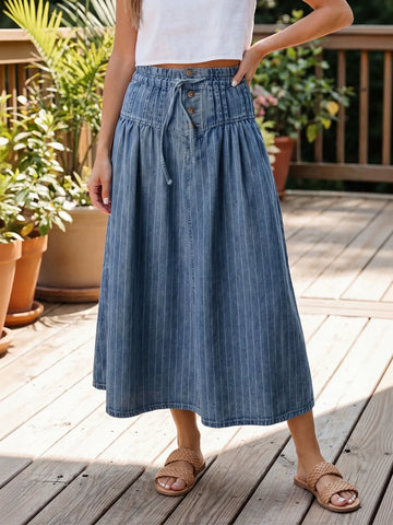 High Waisted Striped Denim Midi Skirt
