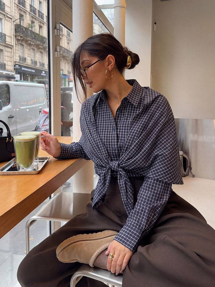 Draped Plaid Tie Front Button Shirt