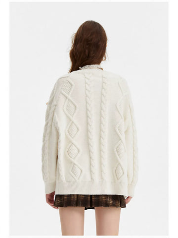 Cute Bear Applique Cable Knit Cardigan