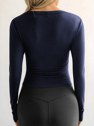 Deep V-Neck Long Sleeve Ribbed Casual T-Shirt