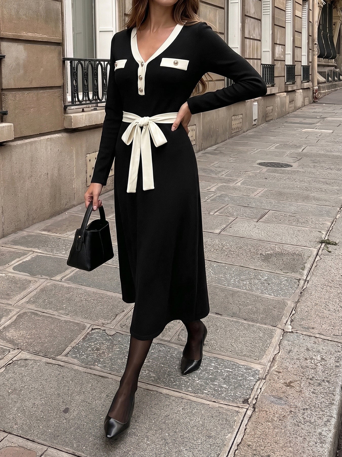 Elegant Contrast Trim Belted Midi Dress