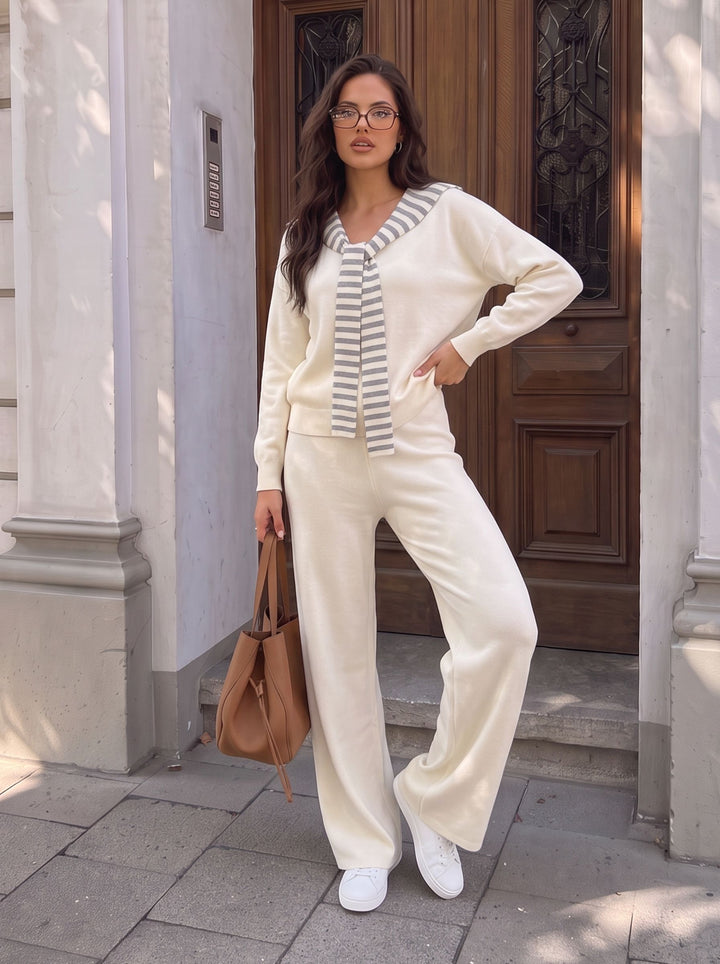 Casual Striped Sailor Collar Knit Pants Sets