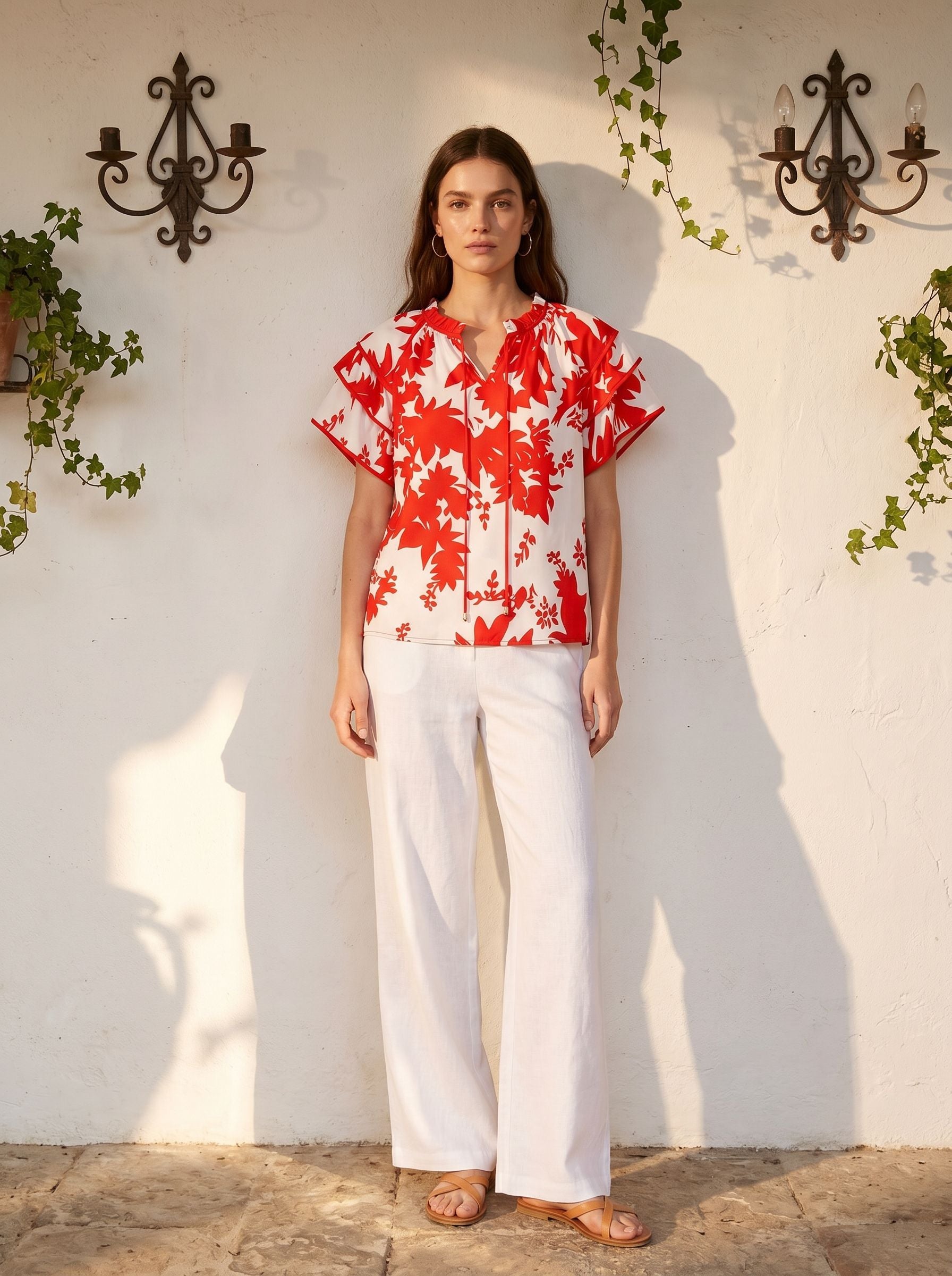 Floral Ruffle Sleeve Chiffon Blouse