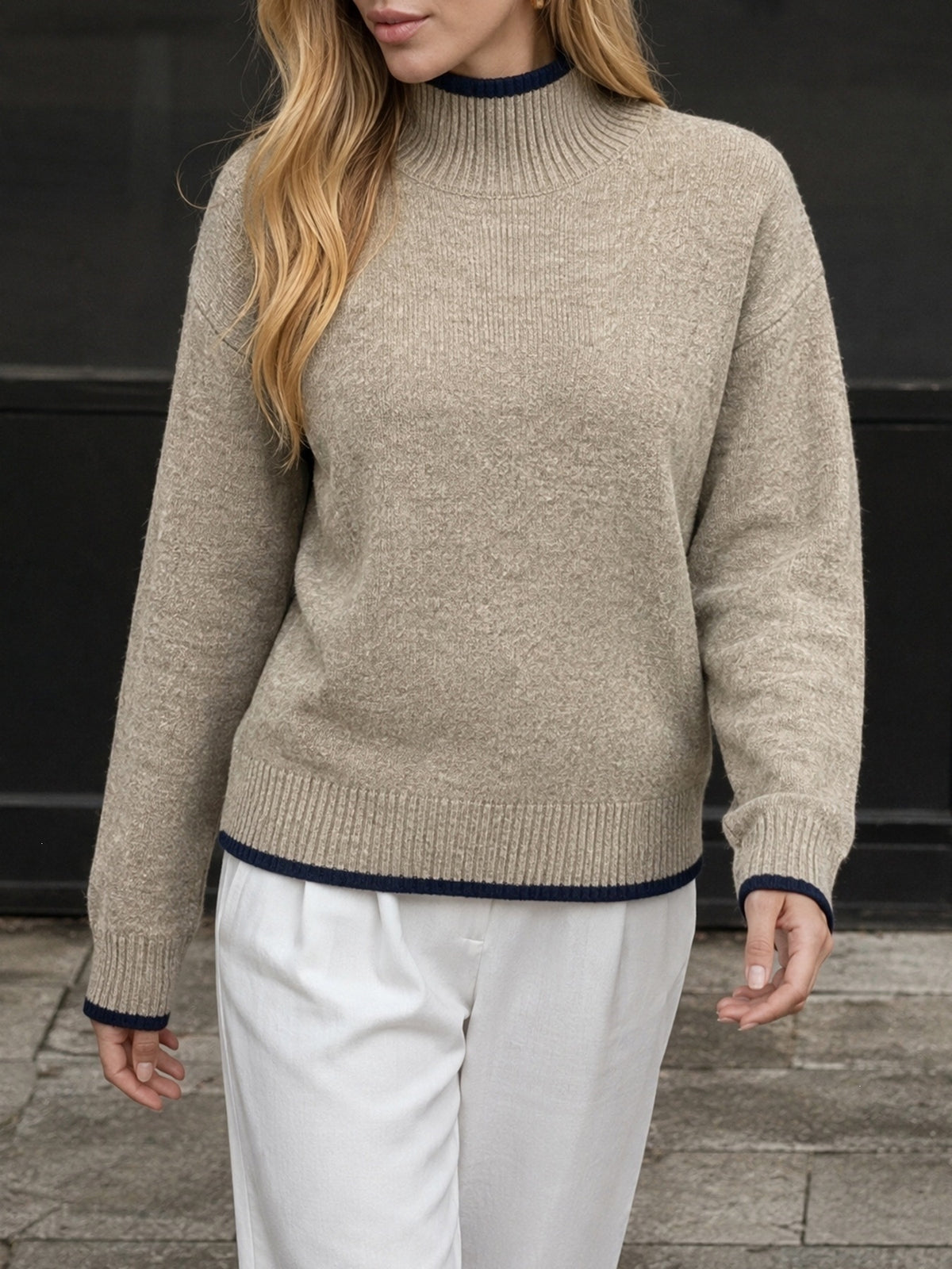 Cozy Contrast Trim Mock Neck Sweater