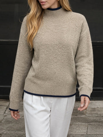 Cozy Contrast Trim Mock Neck Sweater