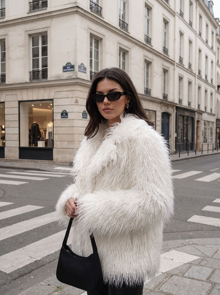 Fluffy Shaggy White Faux Fur Coat