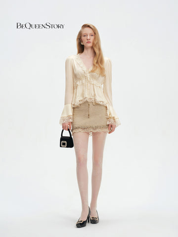 Elegant Lace Trim Satin Blouse