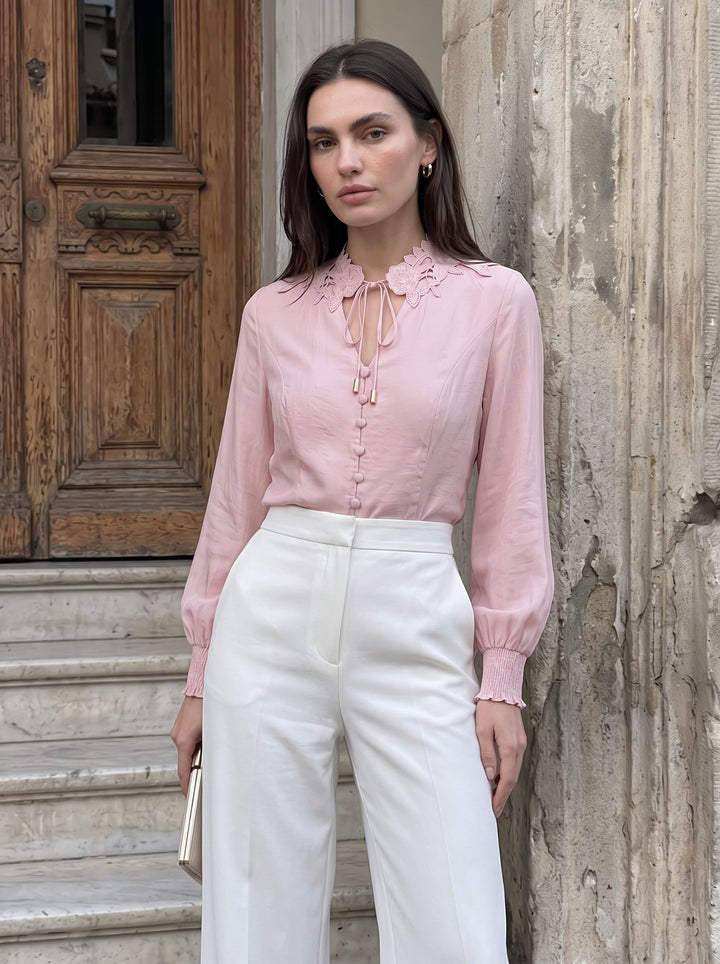 Floral Embroidered Button Down Blouse