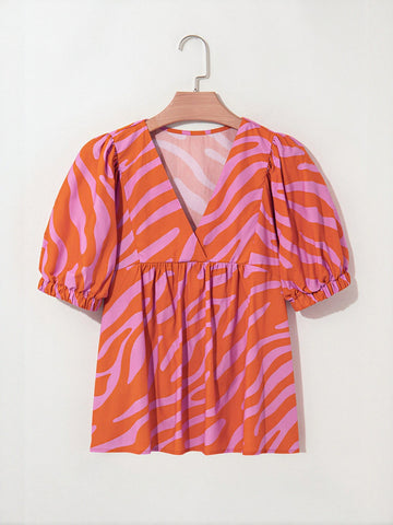 Vibrant Print Puff Sleeve Chiffon Blouse