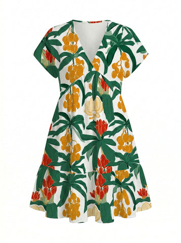 EVA Floral Print V Neck Tiered Babydoll Mini Dress