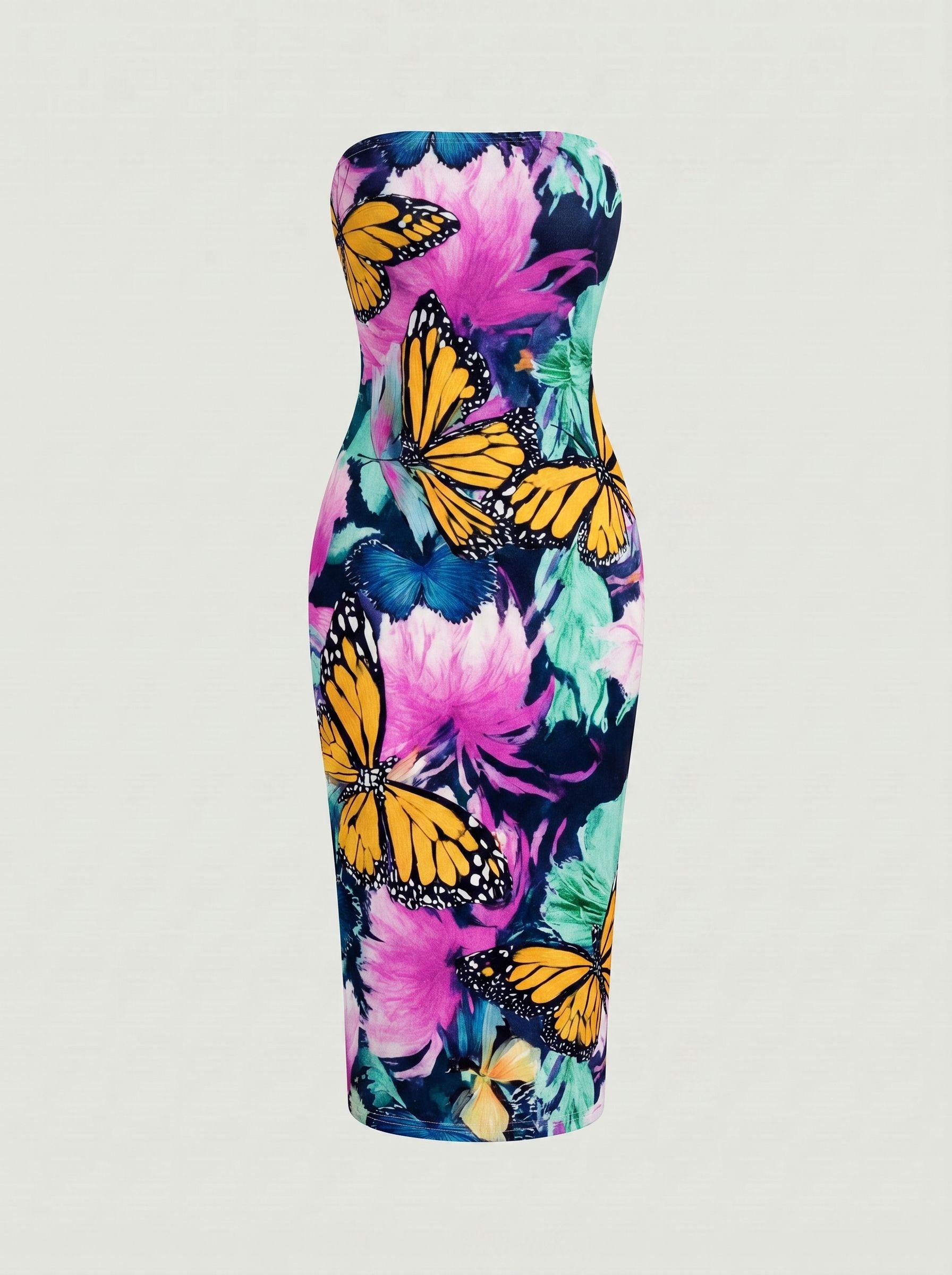 MAIA Floral Print Strapless Sheath Midi Dress