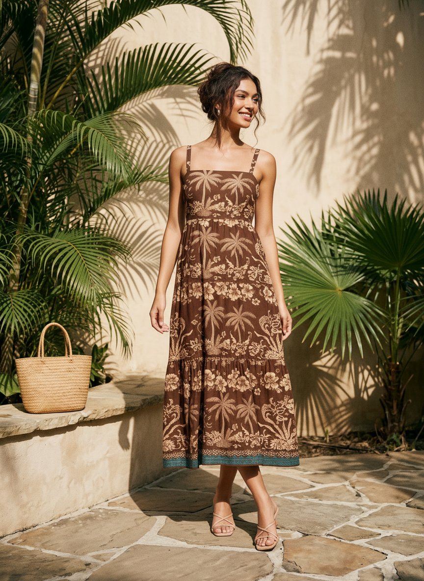 FLORA Floral Print Tiered Strap Midi Dress