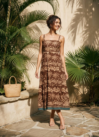 FLORA Floral Print Tiered Strap Midi Dress