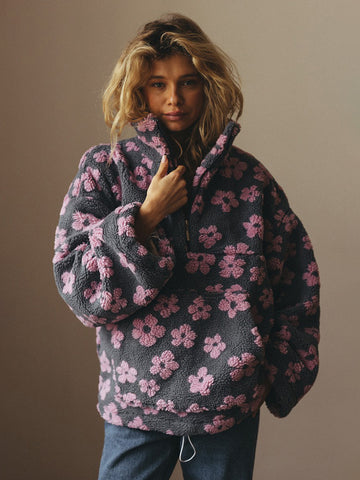 Cozy Floral Print Quarter Zip Fleece
